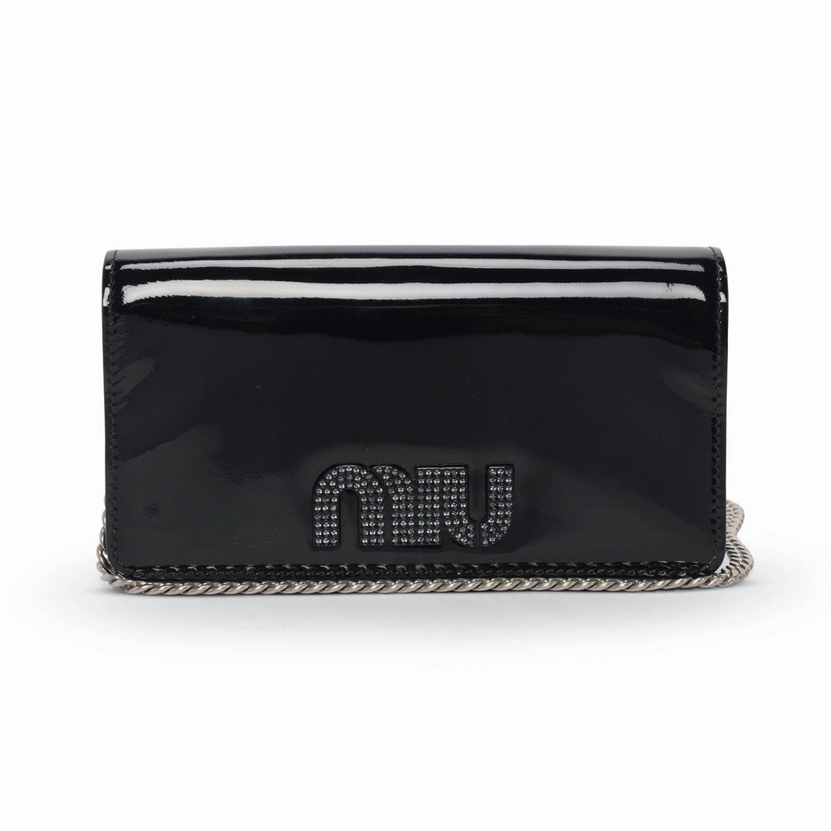 Miu Miu Black Patent Crystal Logo Clutch With Chain